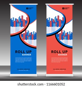 Roll up banner template, stand design, Pull up, display, advertisement, business flyer, poster, presentation, corporate, web banner layout, blue modern creative concept, city vector illustration