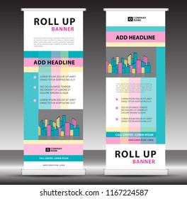 Roll up banner template, stand design, Pull up, display, advertisement, business flyer, poster, presentation, corporate, web banner layout, pastel modern creative concept, city vector illustration
