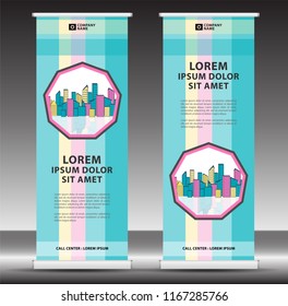 Roll up banner template, stand design, Pull up, display, advertisement, business flyer, poster, presentation, corporate, web banner layout, pastel modern creative concept, city vector illustration