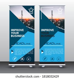 Rolling up banner template, stand design, Pull up, display, anuncio, afiche, presentación, corporativos, diseño de banner web, concepto creativo moderno, vector de ciudad