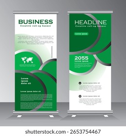 Plantilla de Anuncio enrollable, Plantilla de diseño Standee, Plantilla de Anuncio de Vertical con color verde y blanco. Folleto de presentación y folleto, nuevo Vector de Anuncio enrollable eps 10