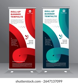 Roll-Up Banner Vorlage Vektorgrafik, vertikales Roll-Up Banner mit roter und blauer Farbe, geometrisch, Hintergrund, Standy Design , Anzeige, Werbung, Pull-Up Banner,