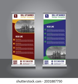 Roll up banner template. Vertical design. Modern. Vector illustration. Maroon, blue color.