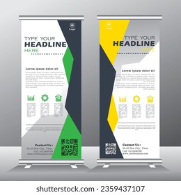 roll up banner template, vertical banner template design, for brochure, business, stand banner. modern x-banner and standee for advertising, pull up banner with green and yellow color