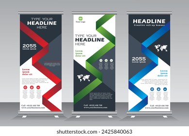 Roll up banner template, vertical banner template design, standees, x-banner and pull up, advertising. Red, green and blue roll up banner set, vector illustration