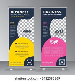 Roll up banner template, vertical template design, standees, x-banner and pull up, advertising.  yellow and pink roll up banner design, vector illustration