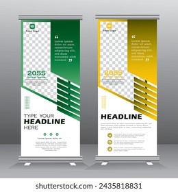 Plantilla de banner enrollable, diseño de plantilla vertical, para folletos, negocios, standees, pull up, moderno x-banner y banner publicitario. ilustración vectorial con color verde y amarillo.