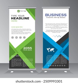 Plantilla de Anuncio enrollable, diseño de Plantilla de soporte de Anuncio de Vertical Anuncio de Vector con fondo abstracto y geométrico para publicidad, nuevo elemento de diseño de Anuncio con azul y verde,