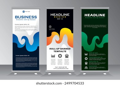 Roll-up-Banner-Vorlage mit Wave-Design, grün, gelb und blau Farbe Roll-up-Banner-Vorlage, vertikale Banner, Ständer, Ständer, ziehen für Unternehmen
