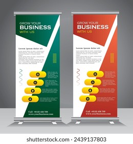 Roll up banner template for your business, vertical banner template, vector, abstract geometric background, x-banner and flag-banner, pull up, standee banner with green and red color