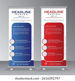 roll up banner with three round design, three element feature roll up banner, vertical banner template, pull up, creative roll up banner template with red and blue colour,