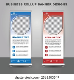 Roll up banner vector illustration. blue roll up banner stylish geometric graphics for Publicity and Information. set of templates. Design concept presentation or advertising banner