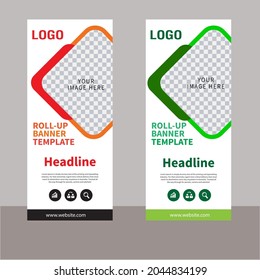 Ilustración vectorial de banner. pancartas rojas de enrollamiento verde elegantes gráficos geométricos para publicidad e información.  Presentación de concepto de diseño o banner publicitario