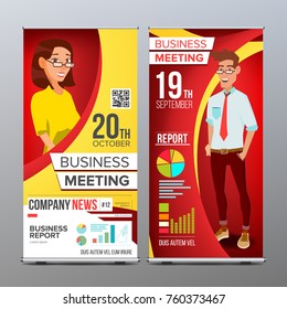 Roll Up Banner Vector. Vertical Billboard Template. Businessman And Business Woman. Expo, Presentation, Festival. For Corporate Forum. Presentation Concept. Red, Yellow. Realistic Flat Illustration