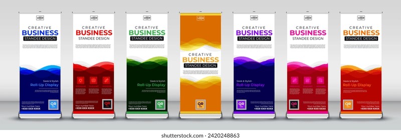 Roll up banner vertical design for events, brochure, flyer, infographics, x banner and flag banner advertising in blue, red, green, yellow, purple, pink and orange print ready colors