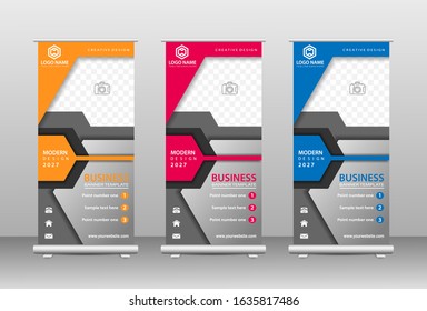 Roll up banner vertical design templates, modern designs for brochures, businesses, leaflets, infographics. x-banner ads and modern banners. vector illustration.