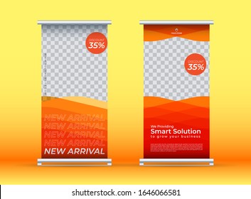 roll up banner or vertical banner template background with orange design, for fashion sale and promotion