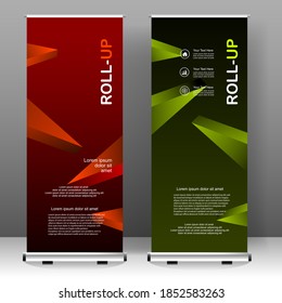 Roll up banner en diseño vertical de plantillas, para folletos, negocios, volante, infografías. moderna publicidad de x-banner y banner. ilustración vectorial