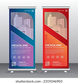 Roll up banner diseño de plantilla vertical, para folletos, negocios, moderno x-banner con publicidad de banner rojo y azul y estandar. ilustración vectorial