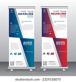 Roll up banner vertical template design, for brochure, business, modern x-banner with red and blue and standees banner advertising. vector illustration, vertical banner,