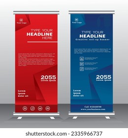 Roll up banner vertical template design, for brochure, business, modern x-banner with red and blue and standees banner advertising. vector illustration
