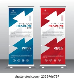 Roll up banner vertical template design, for brochure, business, modern x-banner with red and blue and standees banner advertising. vector illustration