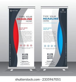 Roll up banner vertical template design with red, blue and black, for brochure, business, modern x-banner and standees banner advertising. vector illustration