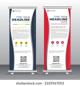 Roll-up Banner Vertikal Template Design mit Rot, Blau und Schwarz, für Broschüren, Business, moderne x-Banner und Standbanner-Werbung. Vektorgrafik