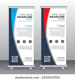 Roll up banner diseño vertical de plantillas con rojo, azul y negro, para folletos, negocios, moderno x-banner y publicidad de banner estandar. ilustración vectorial