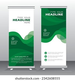 roll up banner vertical template design, for brochure, business, flyer, stand banner. modern x-banner and standee banner for advertising. vector illustration pull up banner with green color, 