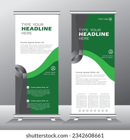 roll up banner vertical template design, for brochure, business, flyer, stand banner. modern x-banner and standee banner for advertising. vector illustration pull up banner with green and ash colors, 