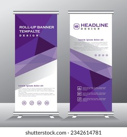 roll up banner vertical template design with purple color, standee for business, flyer, infographics. stand banner, modern x-banner and flag-banner advertising. abstract vector illustration
