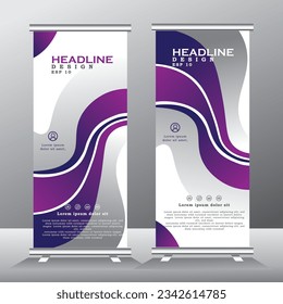 enrollar el diseño de plantillas verticales de banner con color púrpura, estándar para negocios, volante, infografías. banner stand, moderno x-banner y publicidad de banner. ilustración vectorial abstracta
