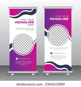 roll up banner vertical template design with purple and pinkcolor, standee for business, flyer, infographics. stand banner, modern x-banner and flag-banner advertising. abstract vector illustration