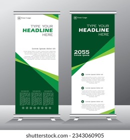 roll up banner vertical template design, for brochure, business, flyer, stand banner. modern x-banner and standee banner for advertising. vector illustration pull up banner with green color,