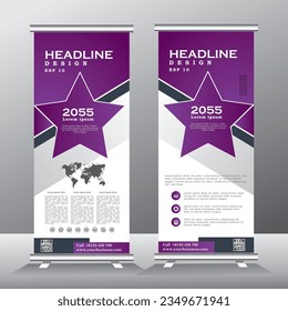 roll up banner vertical template design with purple color, standee for business, flyer, infographics. stand banner, modern x-banner and flag-banner advertising. abstract vector illustration