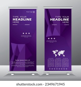 roll up banner vertical template design with purple color, standee for business, flyer, infographics. stand banner, modern x-banner and flag-banner advertising. abstract vector illustration