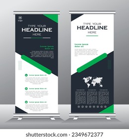 enrollar el diseño de plantillas verticales de banner, para folletos, negocios, volante, banner de stand. banner moderno x y banner estándar para publicidad. ilustración vectorial arrastre el banner con color verde y ceniza