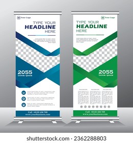 roll up banner, vertical banner template design, for brochure, business, stand banner. modern x-banner and standee for advertising, pull up banner with green and blue color