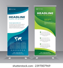 Roll up banner diseño de plantilla vertical, enrollar diseño de banner con ondas, plantilla de banner vertical, azul y verde, vectores eps 10 