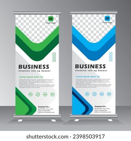 Roll up banner diseño de plantilla vertical, roll up banner design with space for image, vertical banner template, blue and green, vector eps 10 