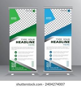 Roll up banner vertical template design, roll up banner design with space for image, vertical banner template, blue and green, vector eps 10 