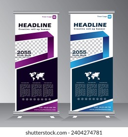 Roll up banner vertical template design, roll up banner design with space for image, vertical banner template, blue and purple, vector eps 10 