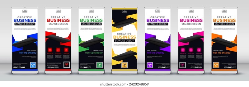 Roll up banner vertical template design for events, brochure, flyer, infographics, x banner and flag banner advertising in blue, red, green, yellow, purple, pink and orange print ready colors