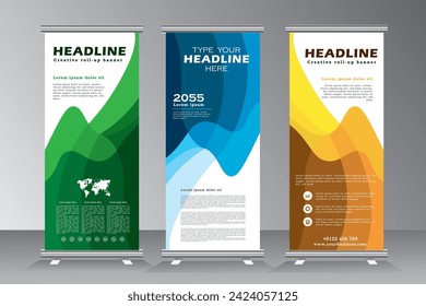 Roll up banner vertical template design with abstract waves, pull up, x banner, business, flyer, infographics. modern x-banner and flag-banner advertising, roll up banner set,