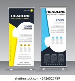 roll up banner, vertical banner template design, for brochure, business, flyer, stand banner. modern x-banner and standee for advertising. pull up banner with yellow and blue color