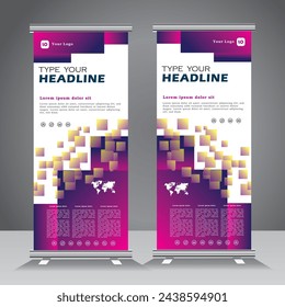 Roll up Banner vertikale Schablone Design, für Broschüre, Business, Flyer, moderne X-Banner und Flagge-Banner Werbung. Vorlage vertikal Rollup Banner mit blau und gelb Farbe, Vektor-Illustration,
