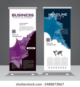 Roll up banner vertical template design for business, vertical banner template for event, company, flyer, infographics. modern x-banner and advertising. vector template with purple and blue colour,