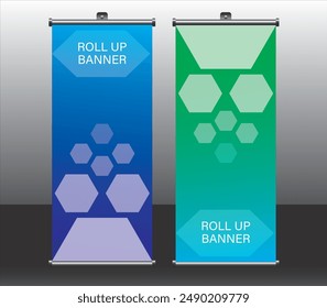 Rollup Banner vertikale Vorlage Design, für Broschüre, Business, Flyer, Infografiken. moderne X-Banner und Flag-Banner Werbung, Polygon Design, schlichtes polygonales Design