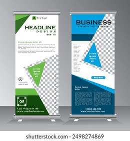 Roll up banner vertical template design with space for image, business, modern x-banner and flag-banner advertising. vertical banner with green and blue colour, vector illustration